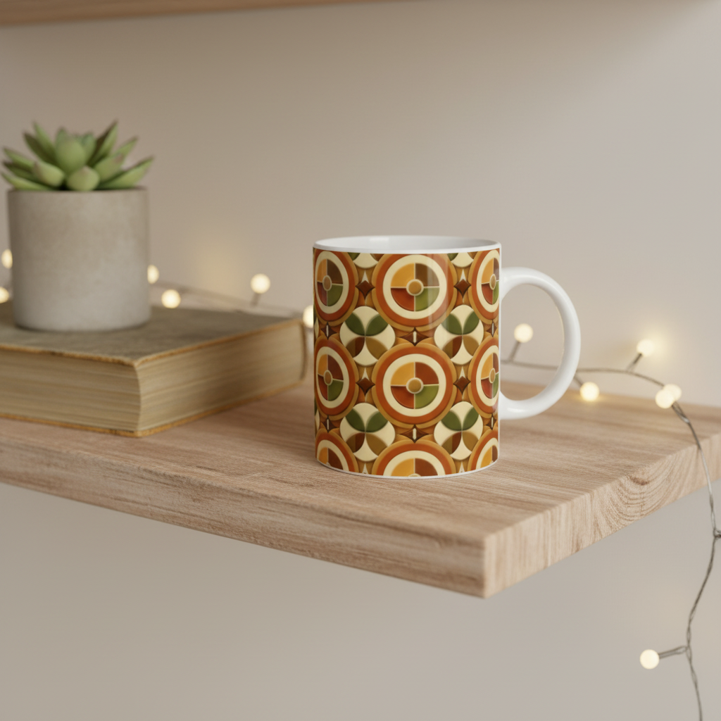 Mug rétro géométrique 70s sur étagère en bois avec plante et livre vintage, ambiance hygge