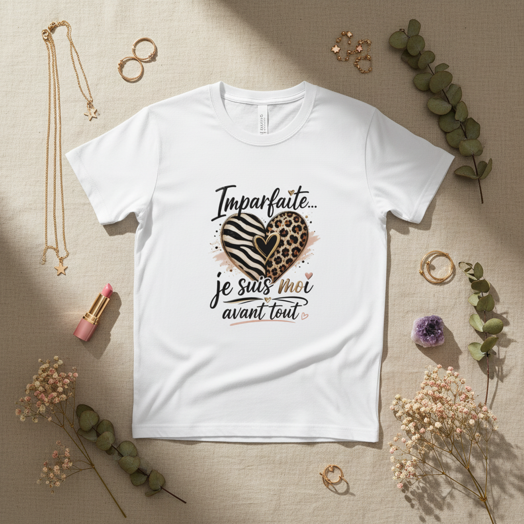 T-shirt femme blanc uni, col rond, imprimé cœur zébré et message « Je suis moi »