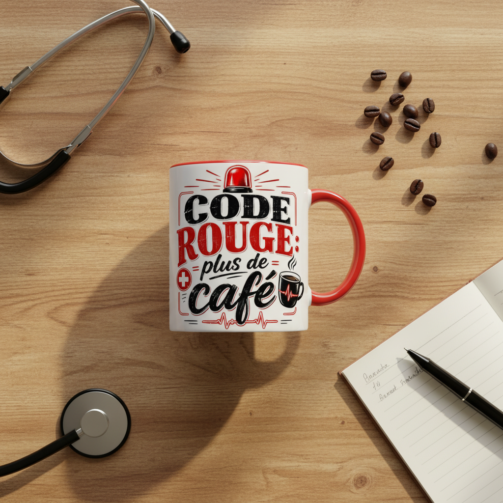 Flat lay du mug Code Rouge Plus de Cafe avec stéthoscope, carnet médical et grains de café sur table en bois