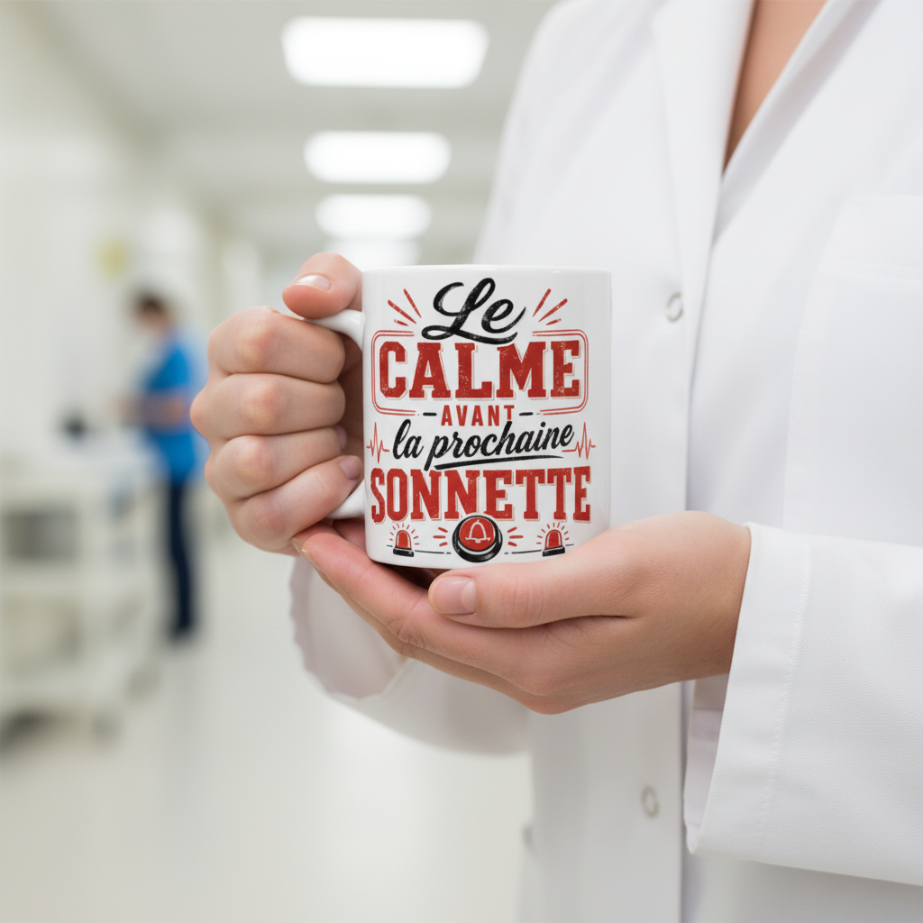 Zoom sur le design Le Calme avant la prochaine Sonnette en noir et rouge sur mug blanc
