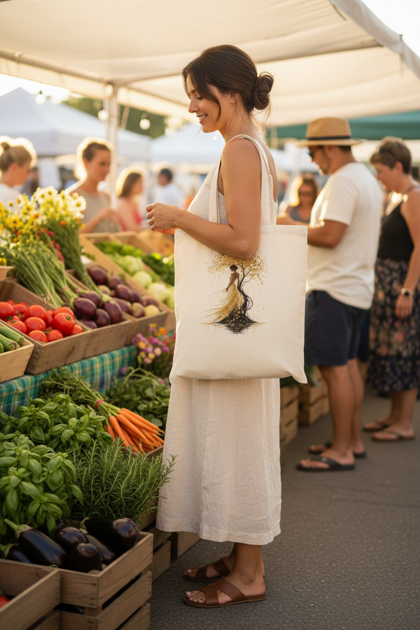 Sac cabas femme blanc avec motif arbre doré et silhouette de robe, anses longues