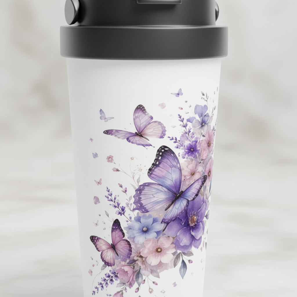 Mug de voyage blanc, motif rapproché de papillons violets et fleurs pastel.