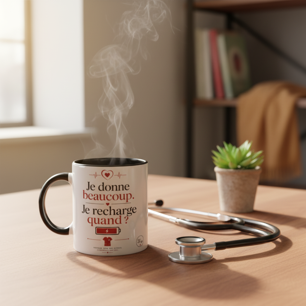 Mug en céramique blanc à anse noire, avec vapeur, texte « Je donne beaucoup »