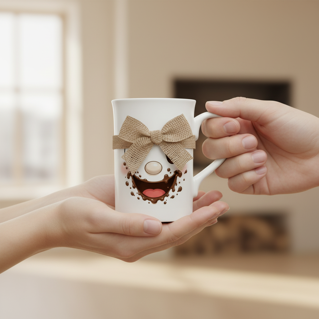 Mug blanc au visage kawaii chocolat, nœud beige sur le haut