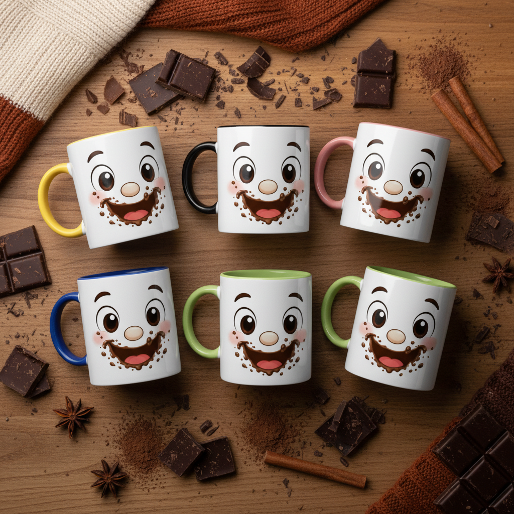 Lot de mugs blancs à visage Kawaii au chocolat, avec anses et bords colorés