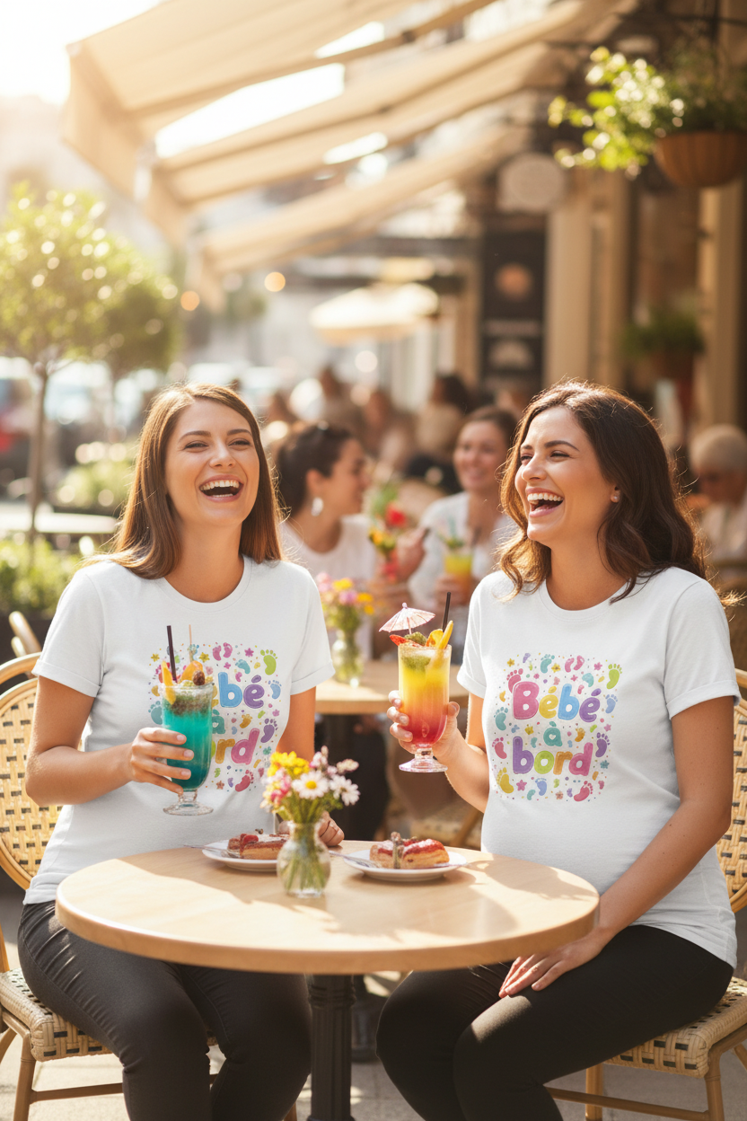Deux futures mamans portant toutes les deux le t-shirt Bébé à bord kawaii à une terrasse ensoleillée