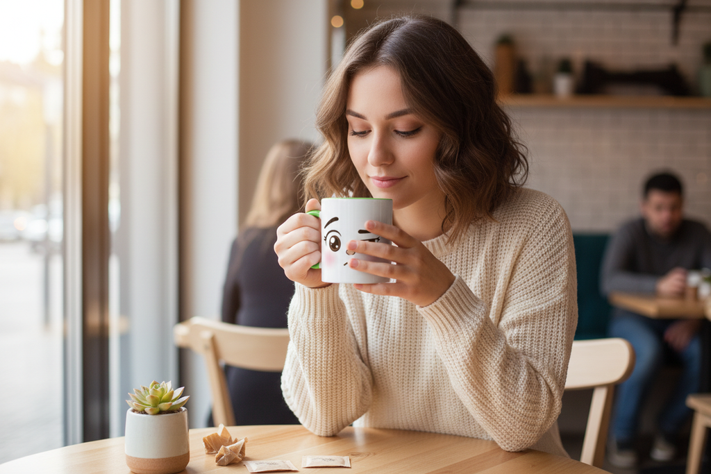Mug en céramique blanche à visage kawaii boudeur, tenu près du visage