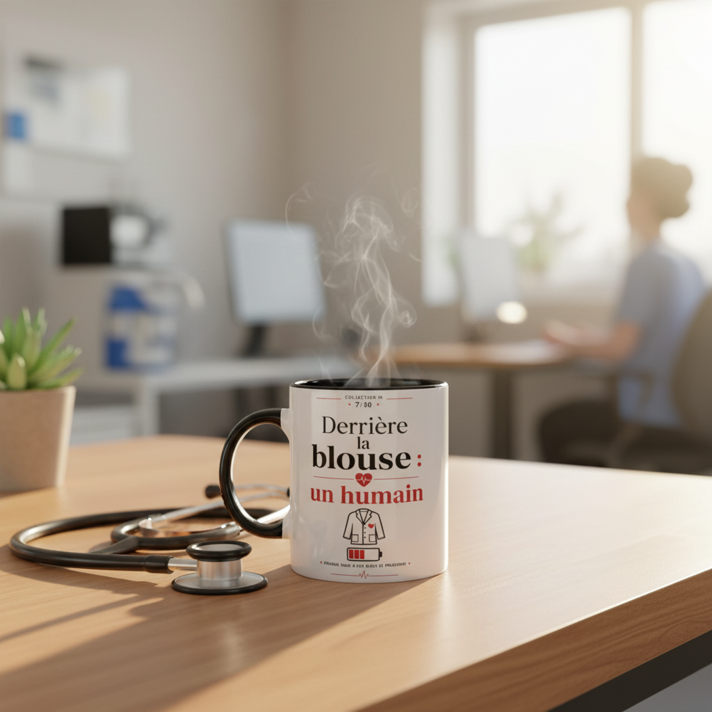 Mug en céramique blanc, poignée noire, motif et texte sur le devant.