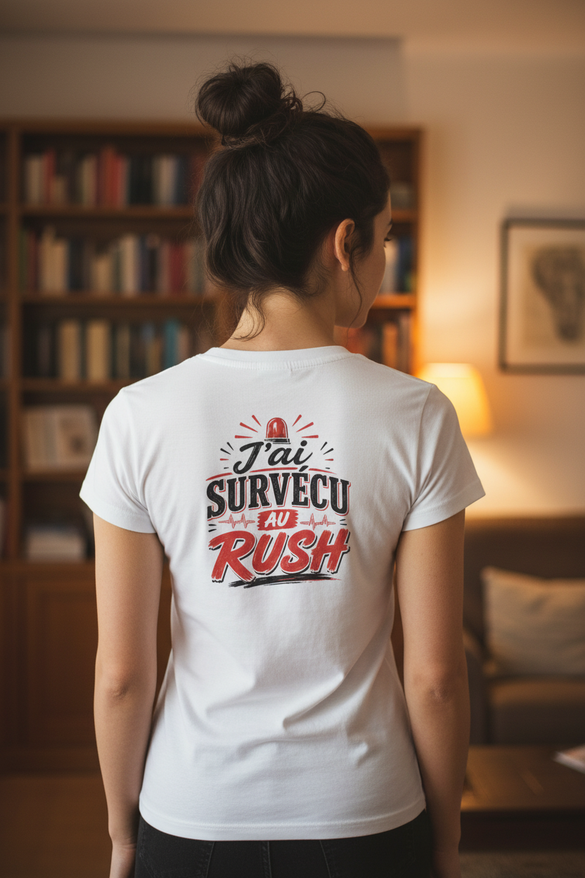 Vue dos du t-shirt J'ai Survecu au Rush porté par une femme, design visible dans le dos