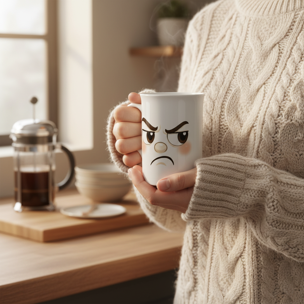 Mug blanc tenu à la main, motif cartoon grognon aux sourcils baissés.