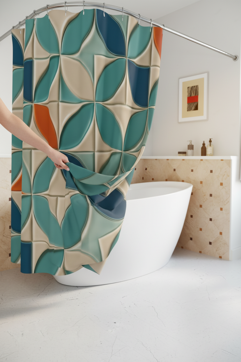 Rideau de douche géométrique vert, bleu et beige, ourlet tombant et anneaux.