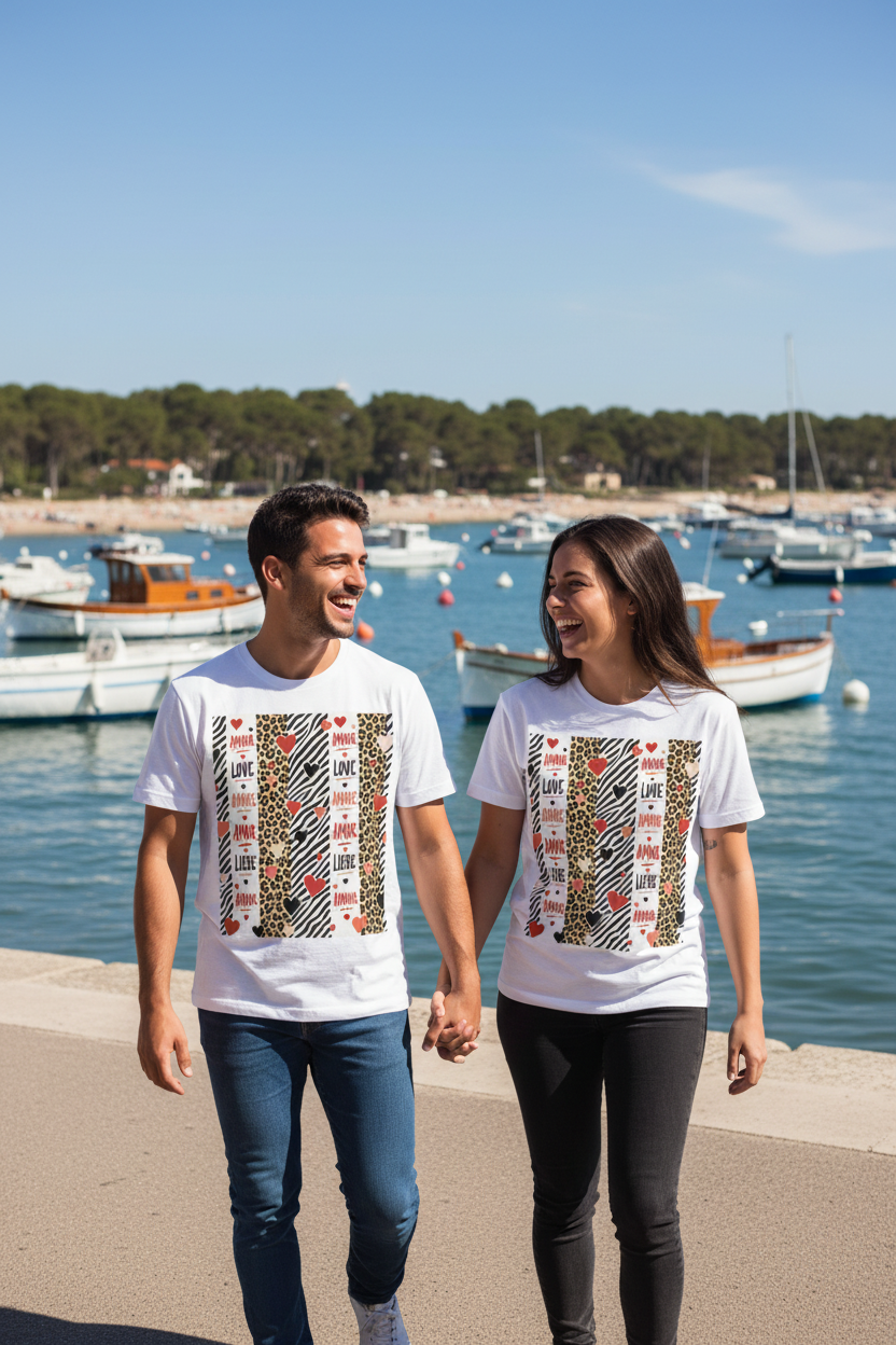 T-shirt unisexe blanc avec grand motif zèbre/leopard et cœurs Love, vue de face