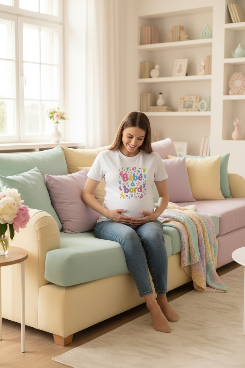 Future maman portant le t-shirt Bébé à bord kawaii coloré dans un salon cosy pastel
