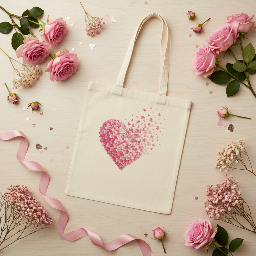 Sac tote écru à grand cœur rose en petits cœurs, posé à plat