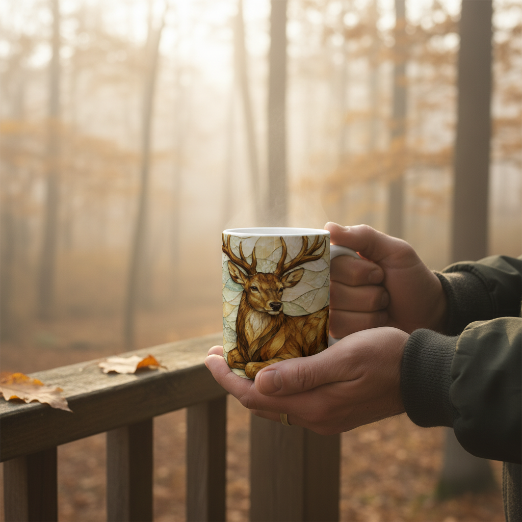 Mains masculines tenant le mug cerf vitrail, ambiance forêt et brume automnale