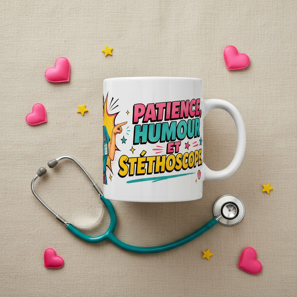 Mug blanc en céramique, motif « Patience, humour et stéthoscope » avec stéthoscope dessiné