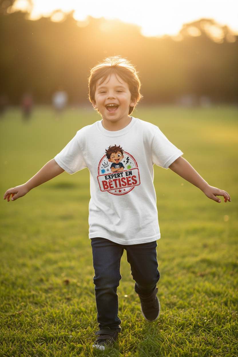Garcon portant le t-shirt Expert en Betises blanc, courant dans un parc ensoleille pres de Bordeaux