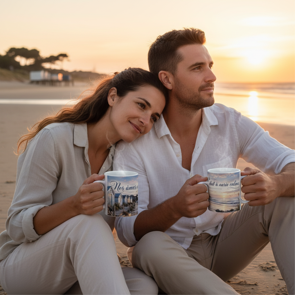 Couple tenant deux mugs Nos ames se parlent a maree calme assis sur la plage au coucher du soleil, Bassin d'Arcachon