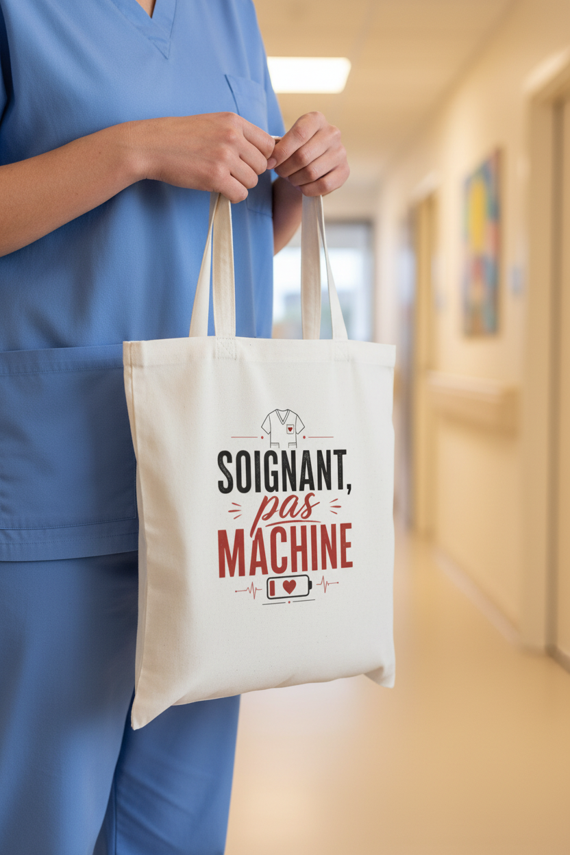 Tote bag en toile blanche, anses, inscription rouge et noire « Soignant, pas machine »