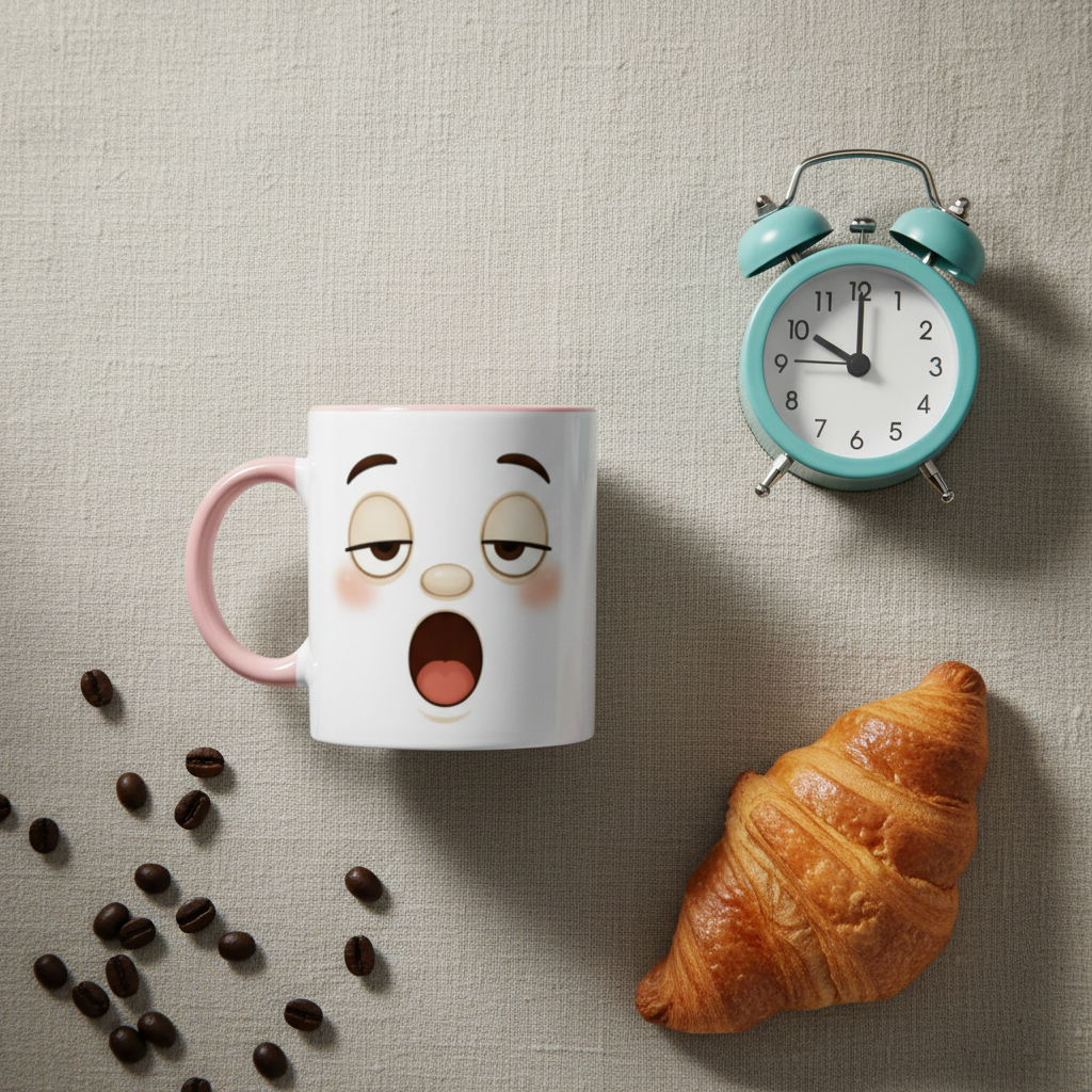Mug en céramique blanc à poignée rose, visage kawaii souriant.