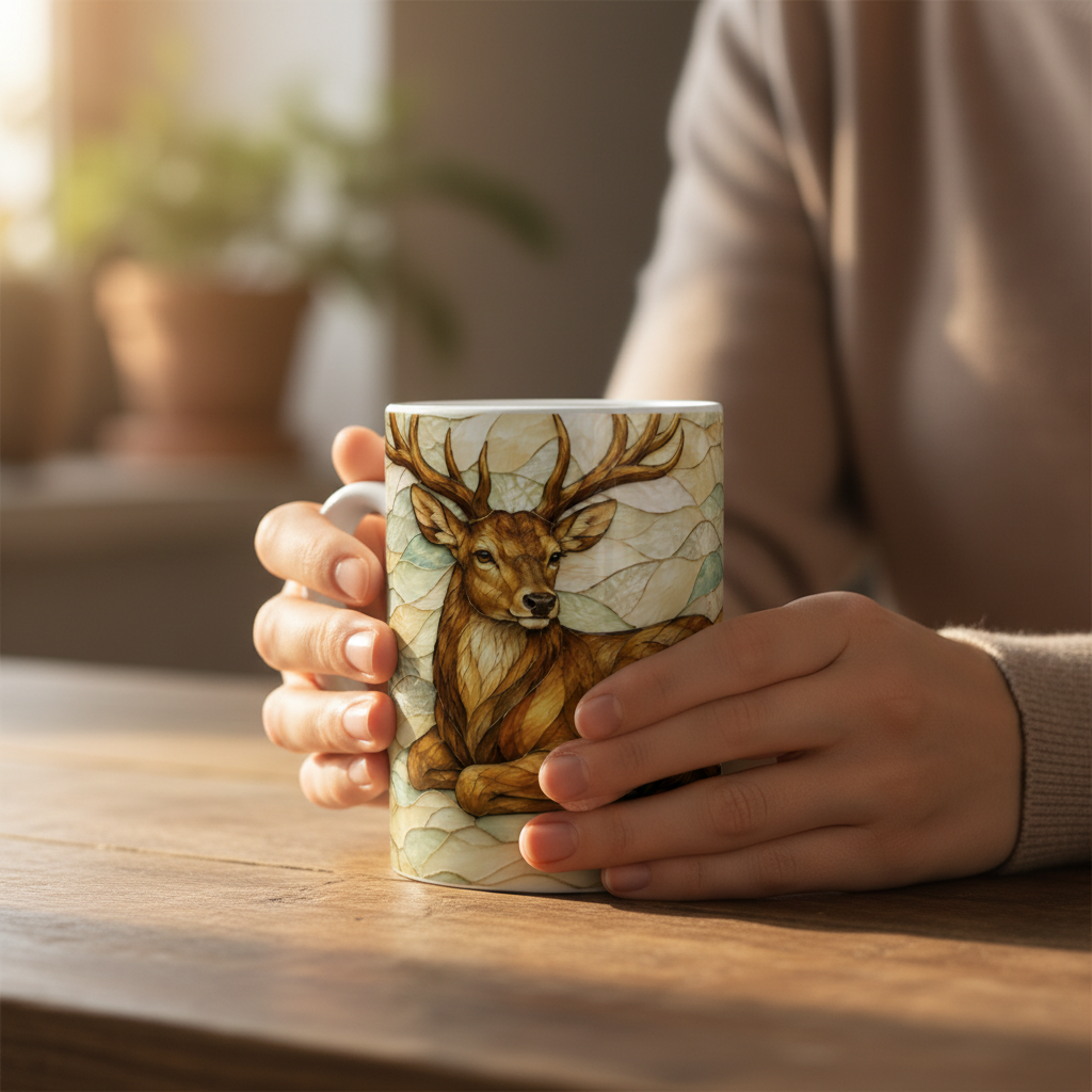 Mains tenant le mug cerf vitrail doré, effet vitrail mis en valeur, ambiance cosy