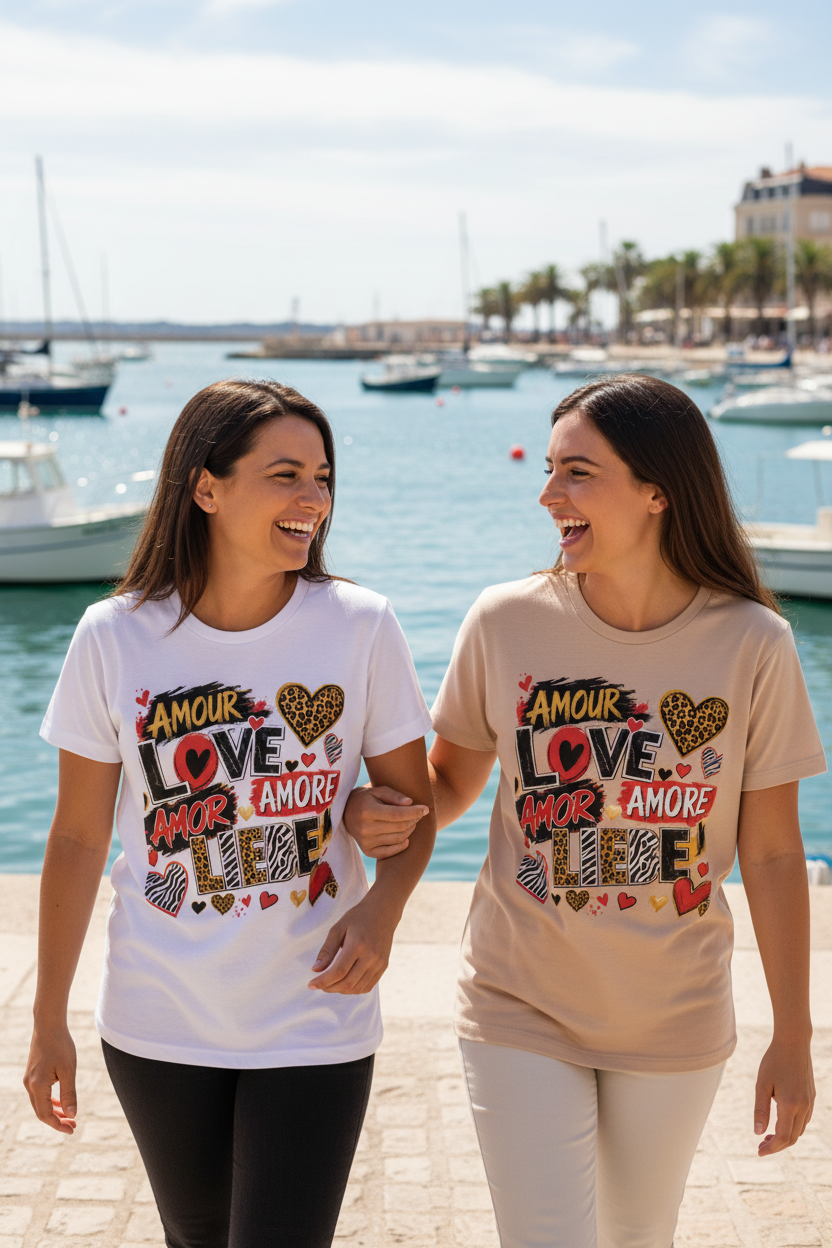 T-shirt unisexe blanc, encolure ronde, imprimé cœurs graffiti Love/Amour