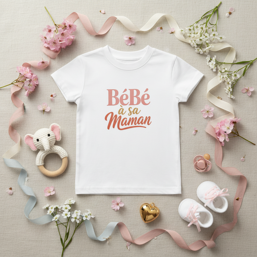 Flat lay t-shirt bebe blanc BeBe a sa Maman avec fleurs roses et accessoires dores