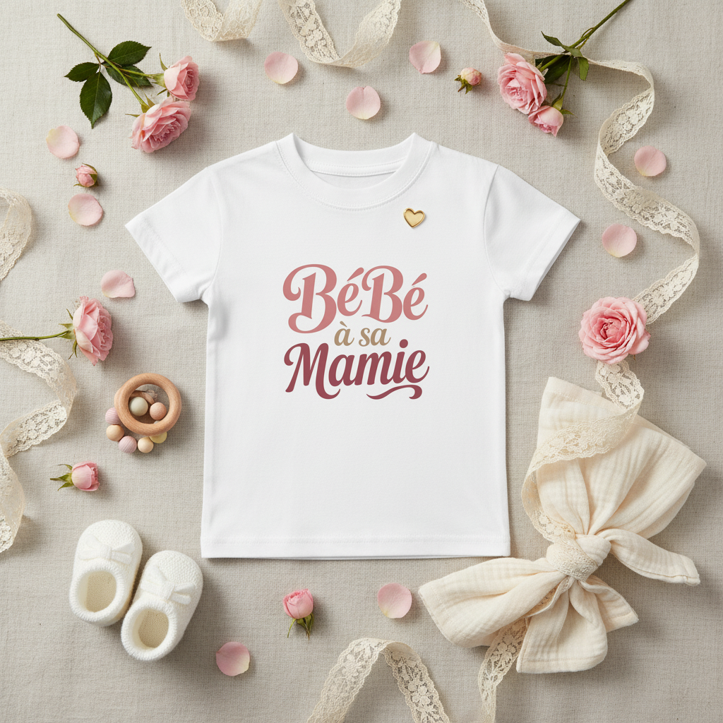 Flat lay t-shirt bebe blanc BeBe a sa Mamie avec roses roses et dentelle