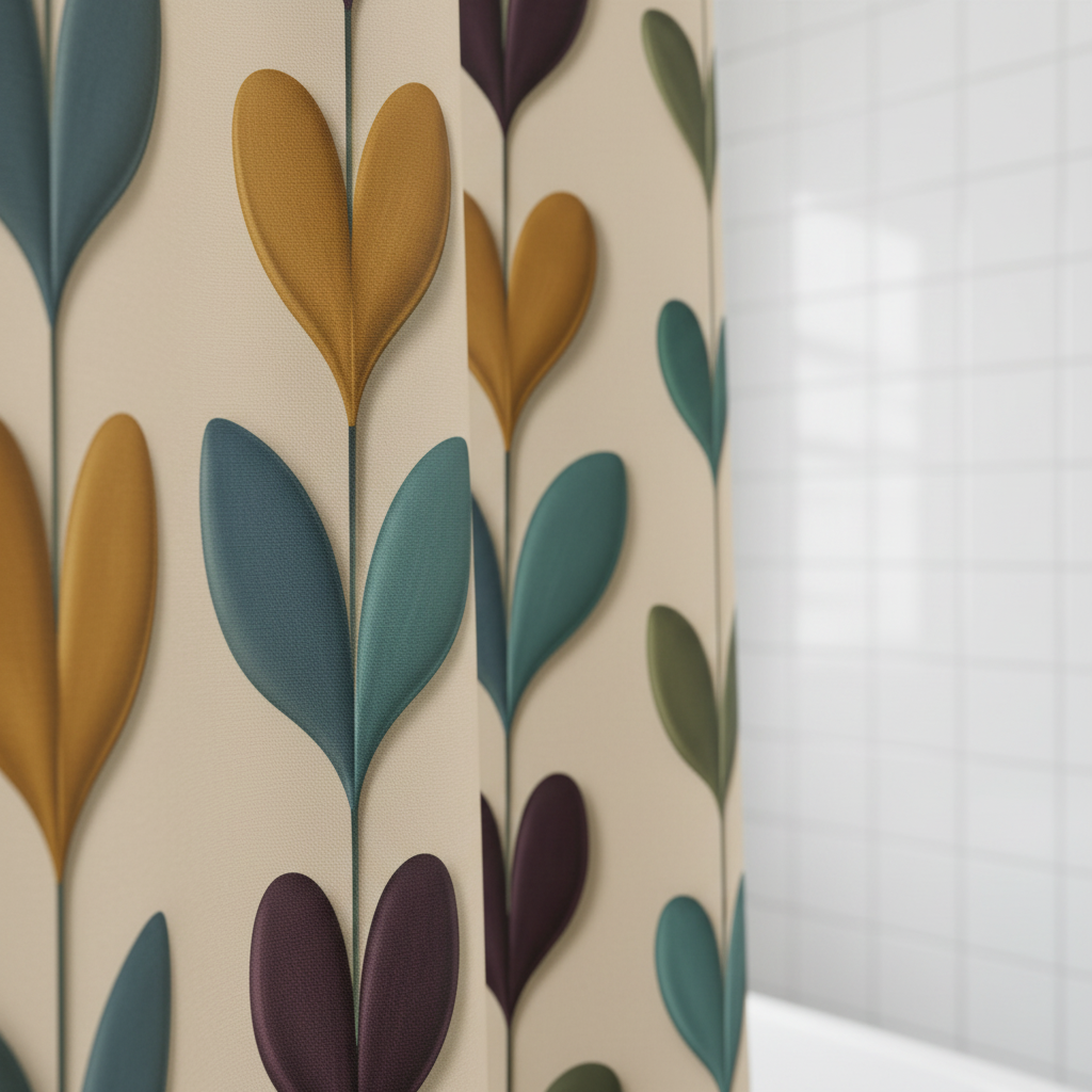 Rideau de douche motif feuilles rapproché, couleurs bleu, vert, moutarde et violet sur fond clair.