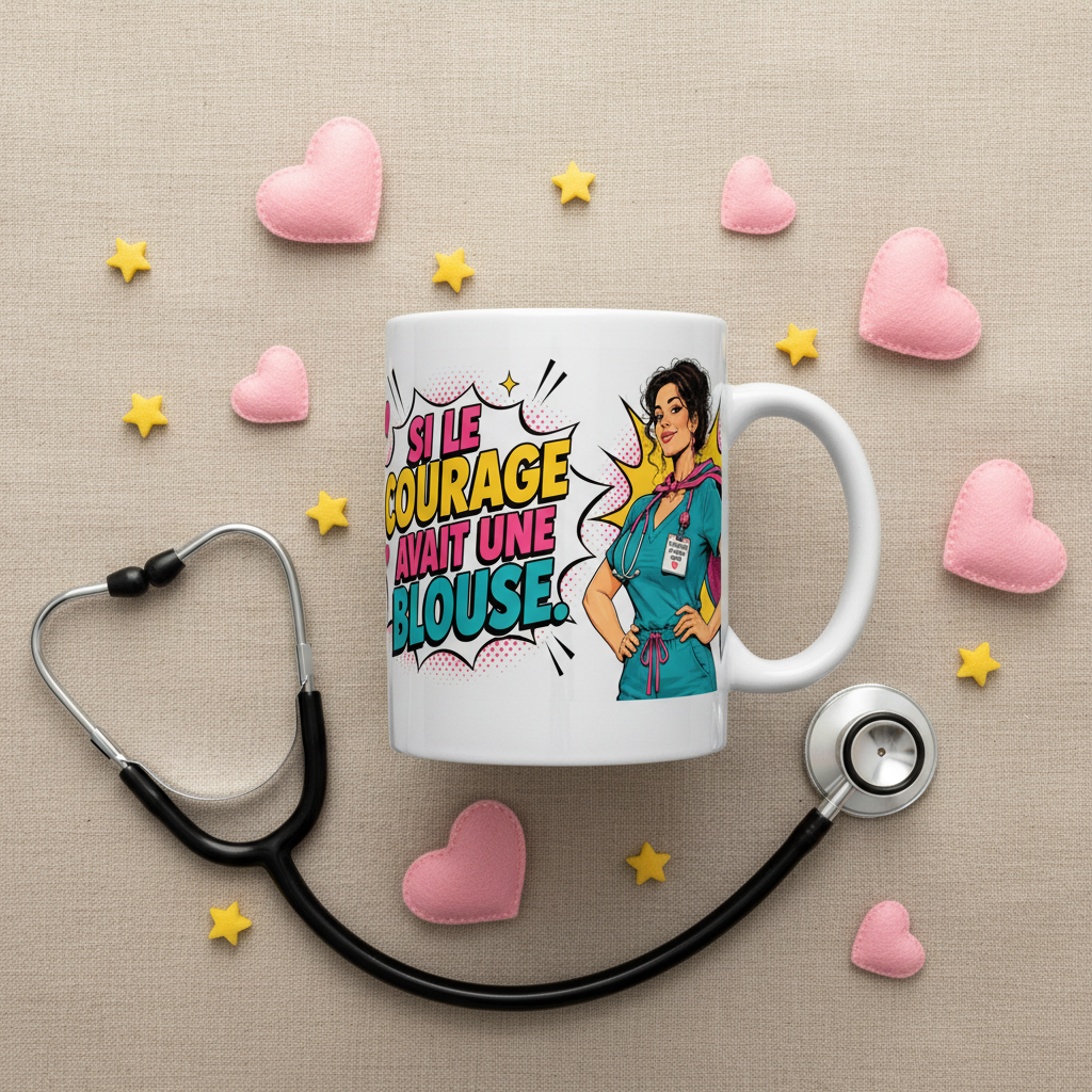 Mug blanc avec motif d’infirmière et slogan « Si le courage avait une blouse »