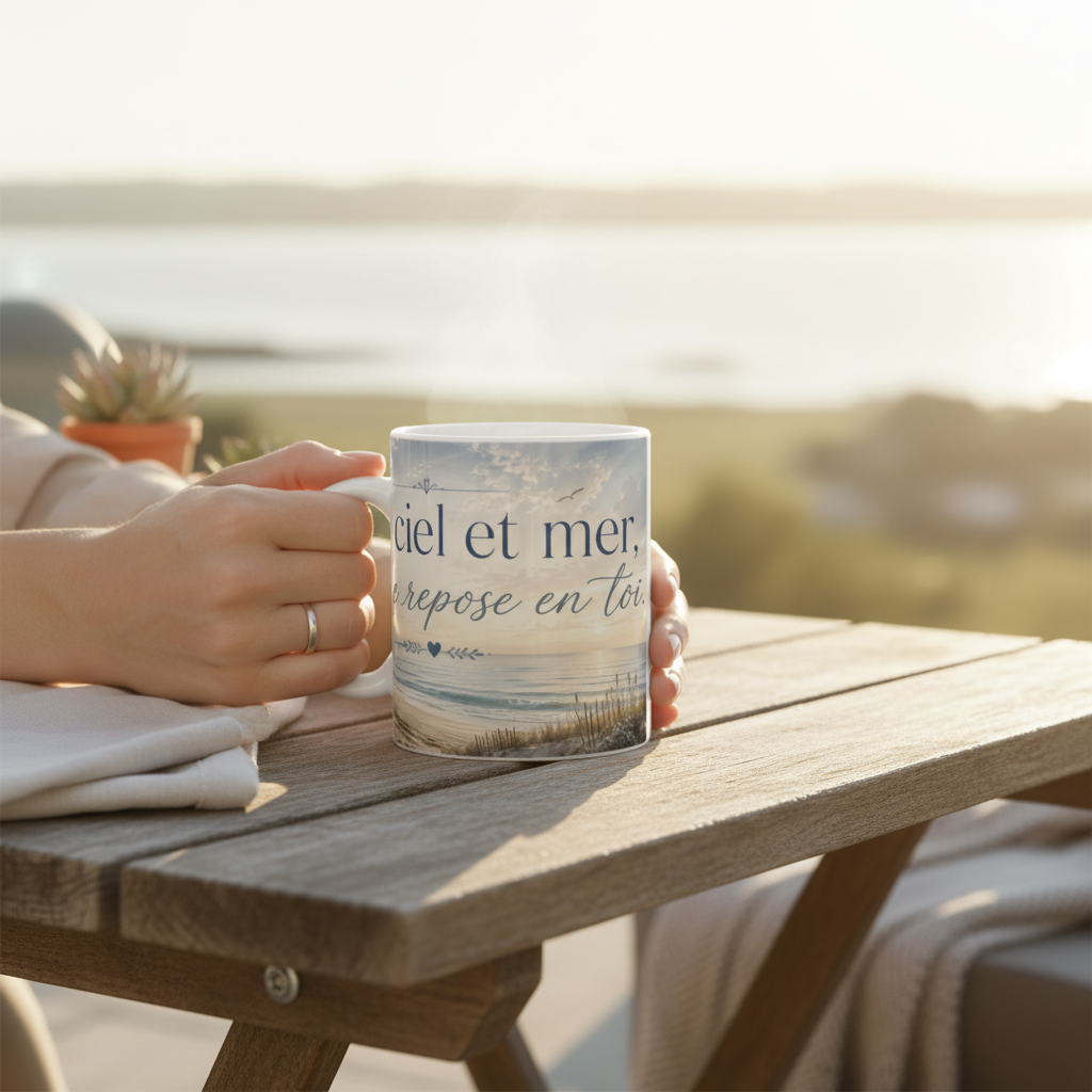 Mug Entre ciel et mer je me repose en toi tenu par des mains de femme en bord de mer, Bassin d'Arcachon