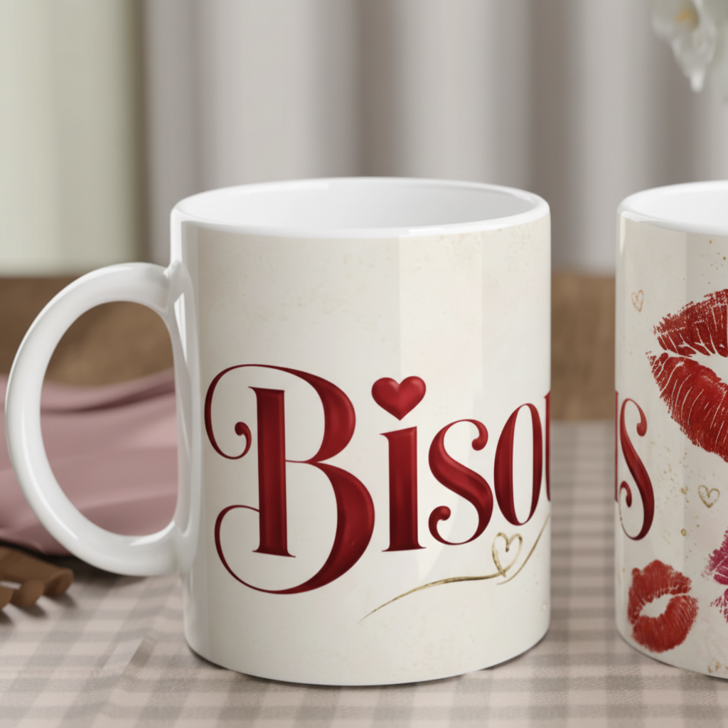 Zoom sur le design Bisous en calligraphie bordeaux avec empreintes de levres rouges sur mug blanc