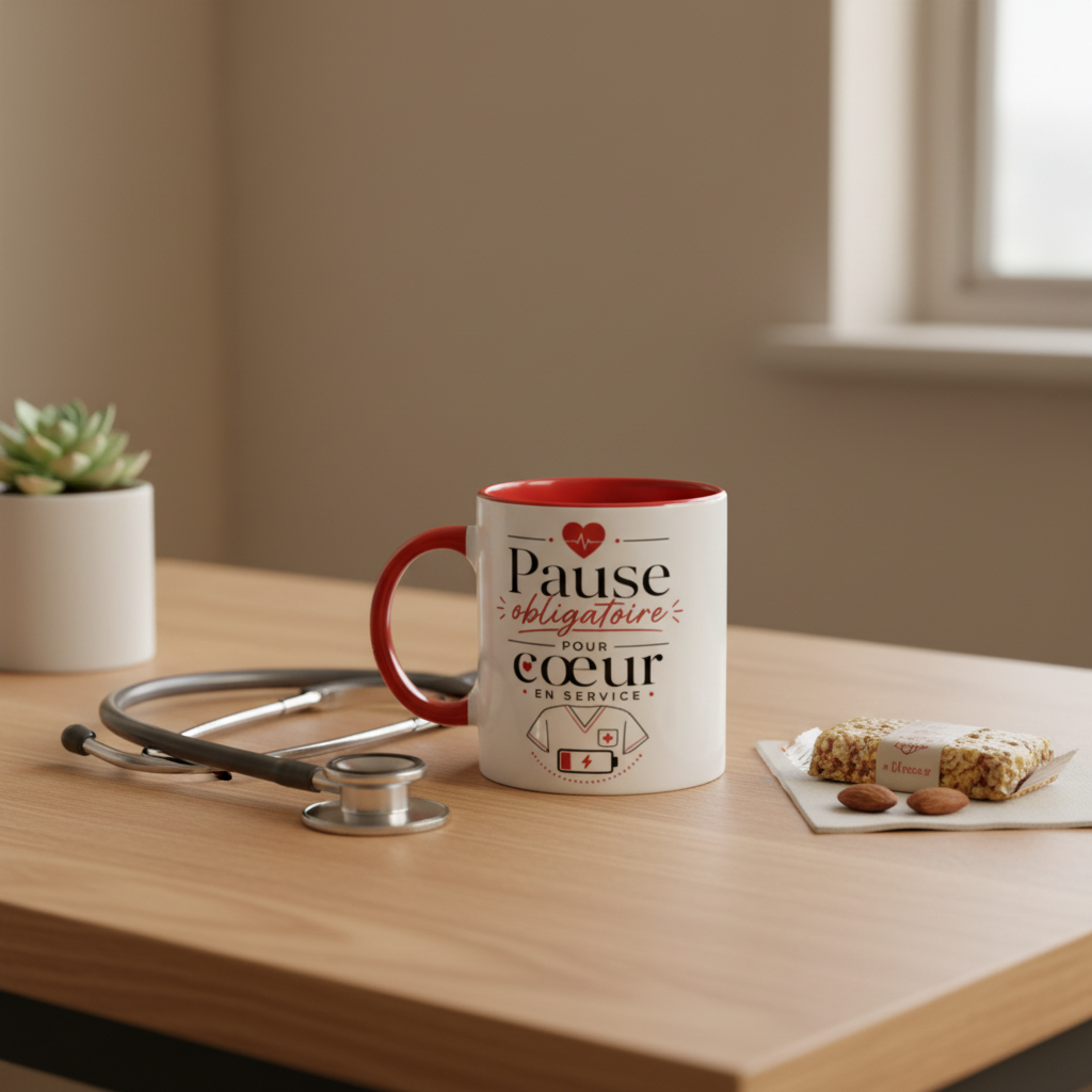 Mug céramique blanche anse rouge, motif cœur, « Pause obligatoire » sur table