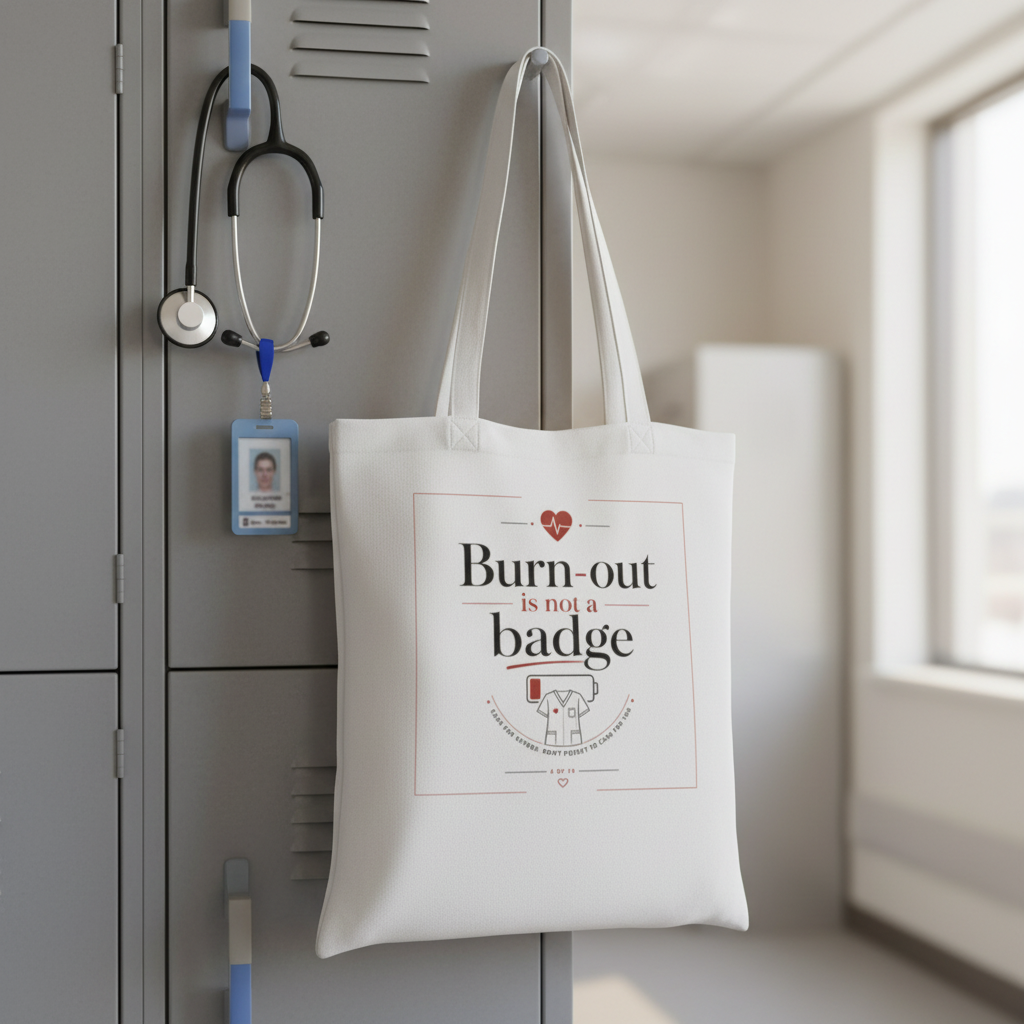 Sac tote en toile blanche, posé sur une porte, logo imprimé au centre