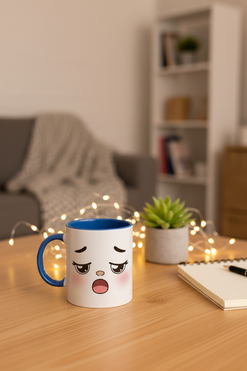Mug en céramique au visage kawaii endormi, anse bleue, posé sur une table
