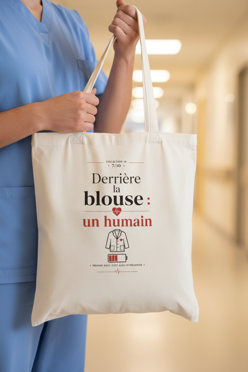 Tote bag en coton naturel tenu en main, anses et motif imprimé central