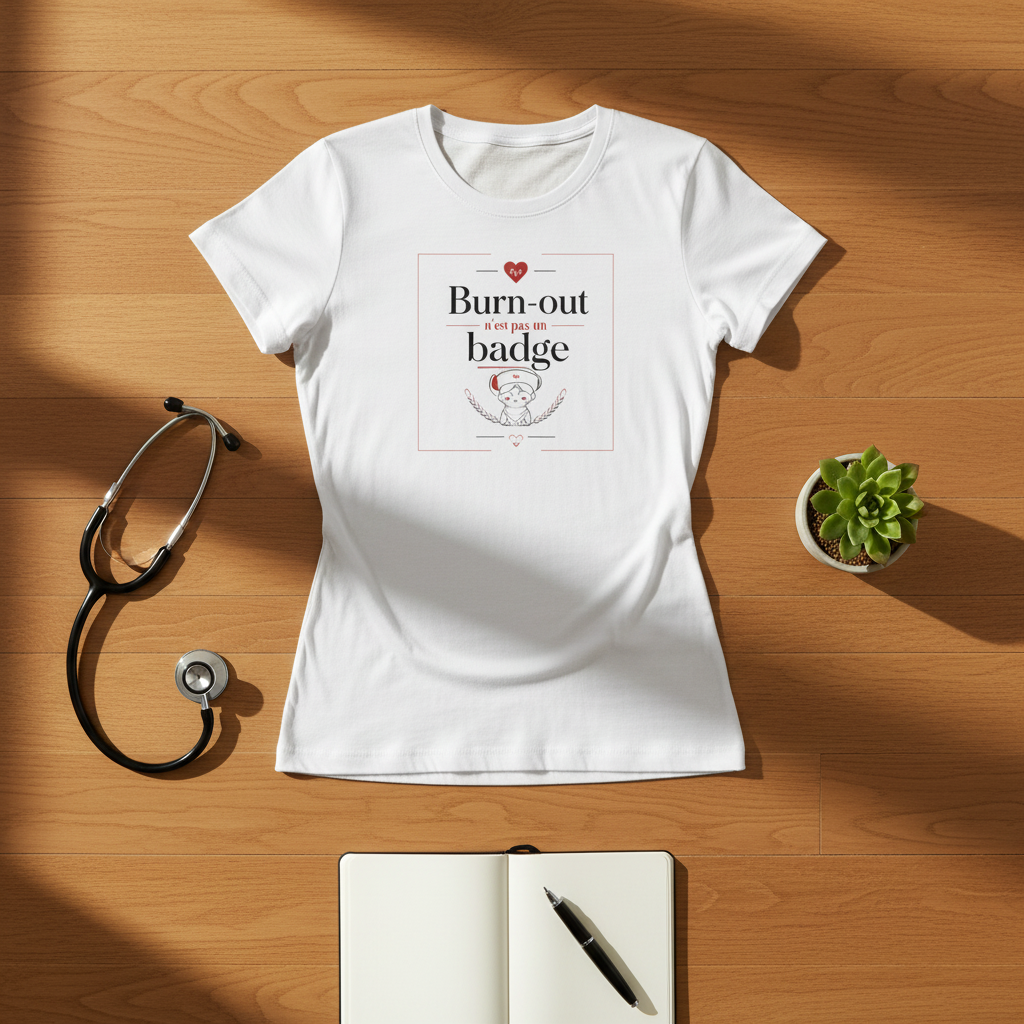 T-shirt blanc à col rond, imprimé « Burn-out badge » rectangulaire