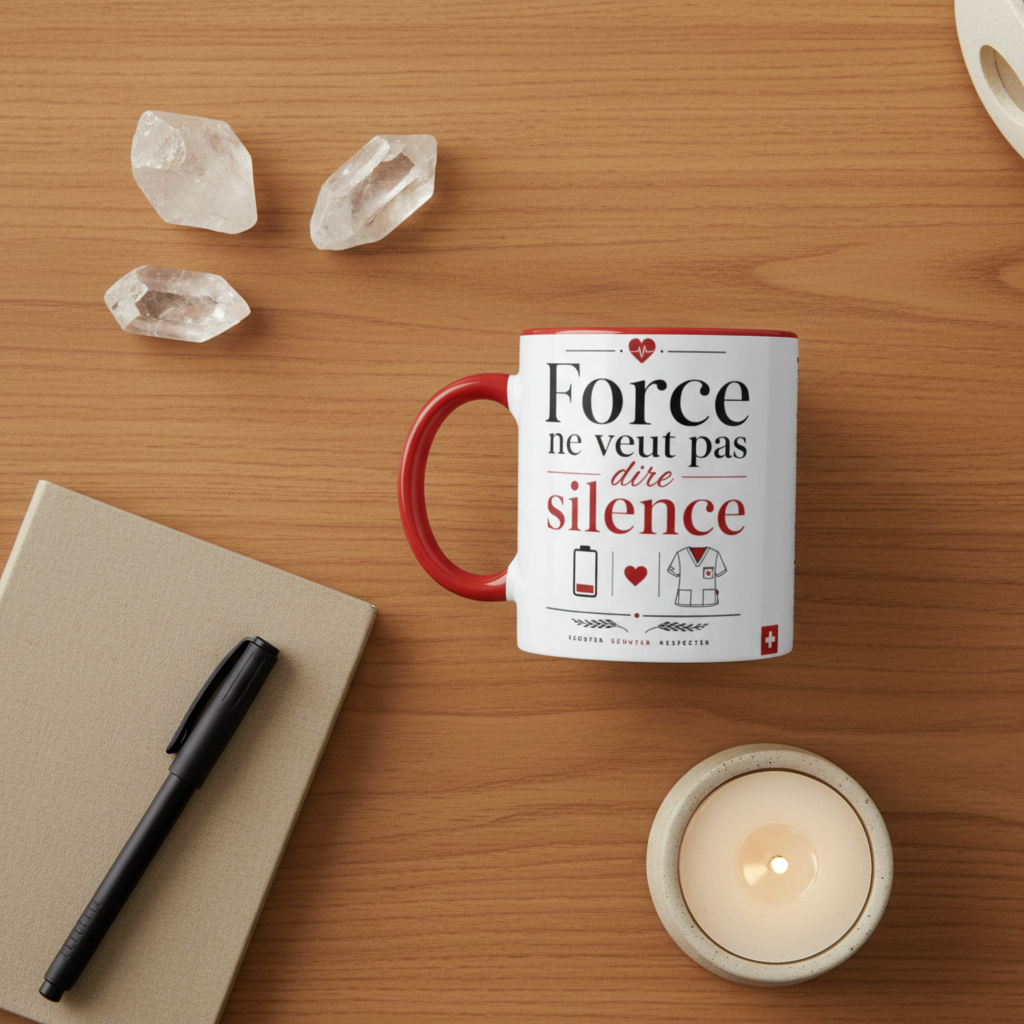 Mug céramique blanc, anse rouge, impression « Force ne veut pas dire silence »