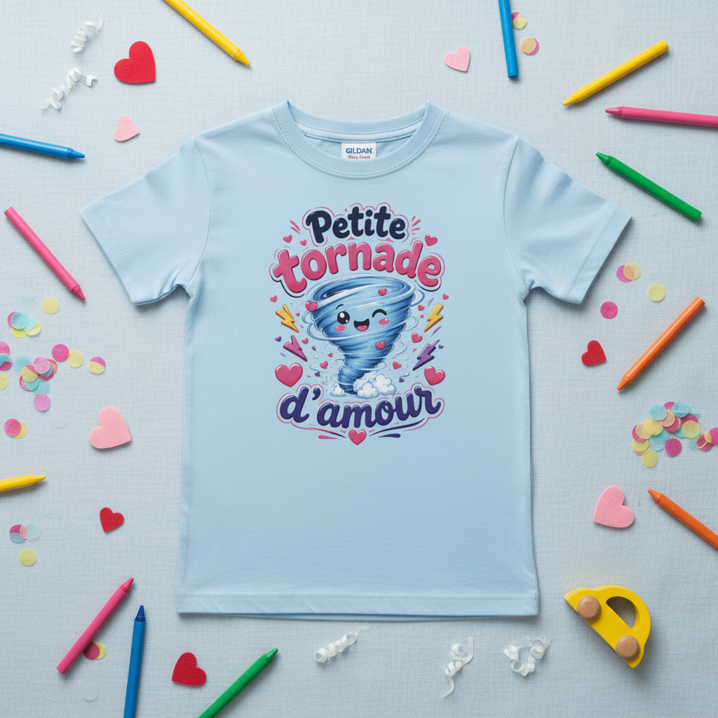 Flat lay t-shirt bleu clair Petite tornade d'amour avec crayons et accessoires enfant colores