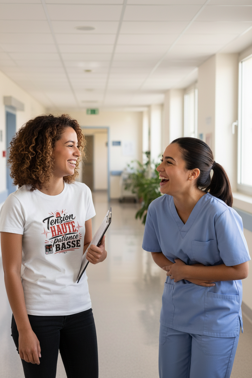 Deux soignantes en couloir d'hôpital, l'une portant le t-shirt Tension Haute Patience Basse