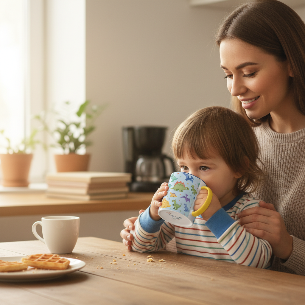 Maman et enfant au petit-dejeuner avec le mug dinosaures kawaii anse jaune
