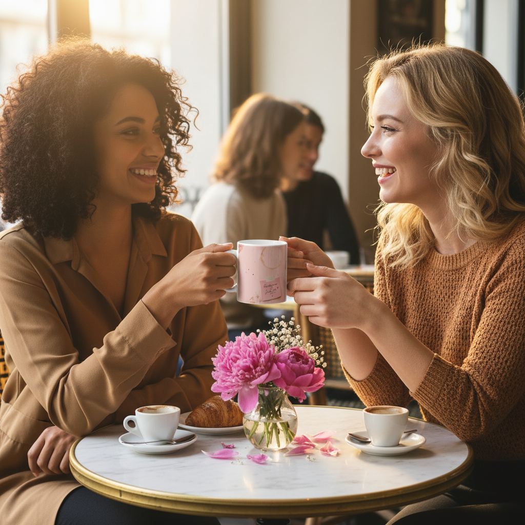 Deux amies au bistrot parisien l une offre le mug romantique rose à l autre fleurs roses