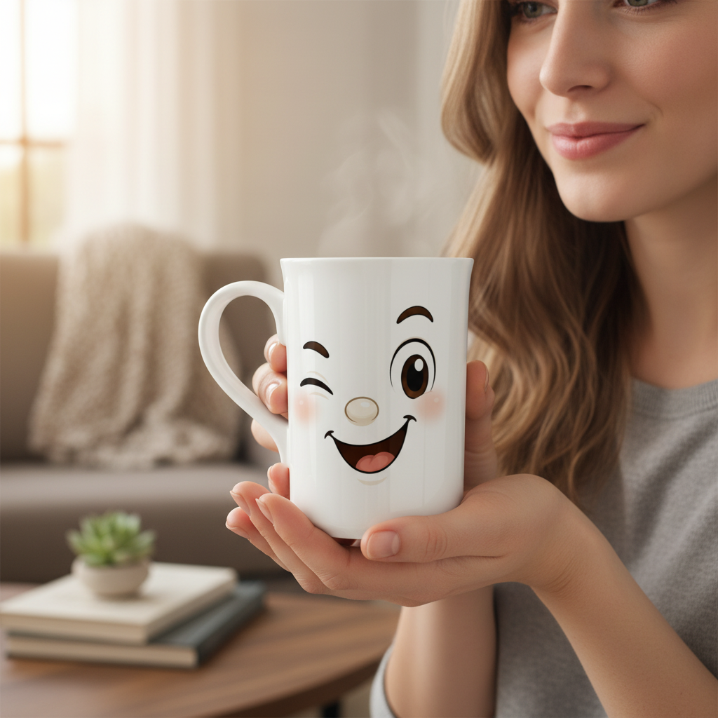 Mug blanc en céramique à visage kawaii, clin d’œil, anse et bord lisse