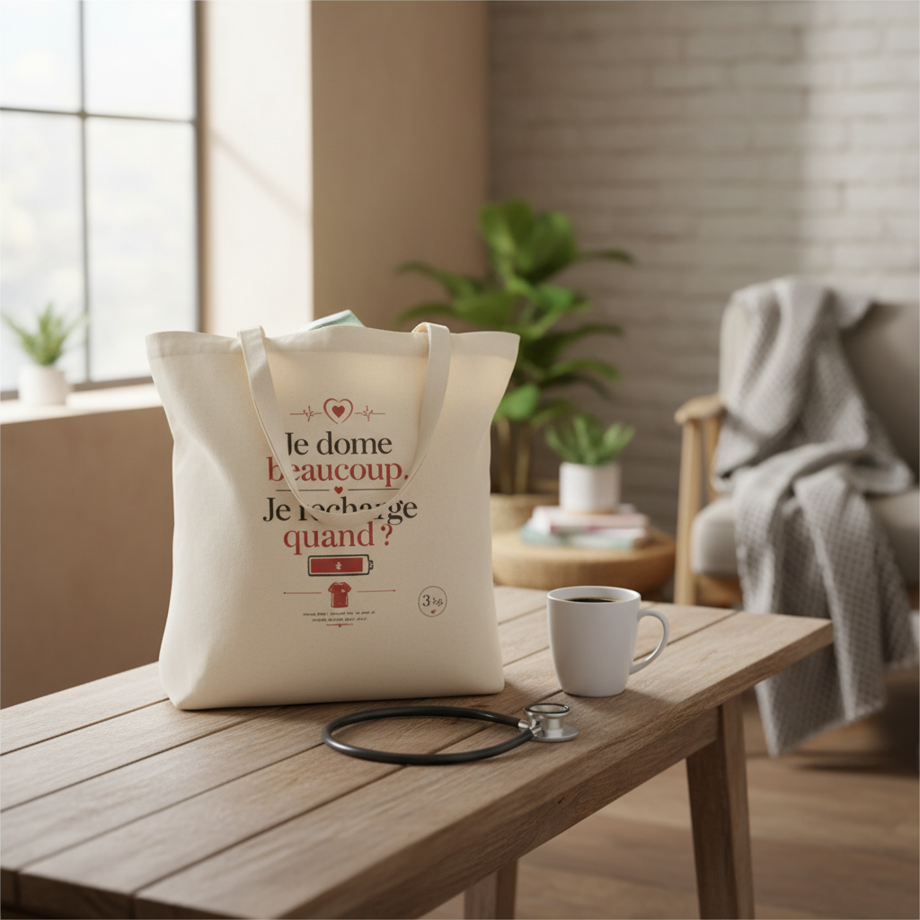 Tote bag en toile blanc cassé, motif rouge centré, poignée et rabat