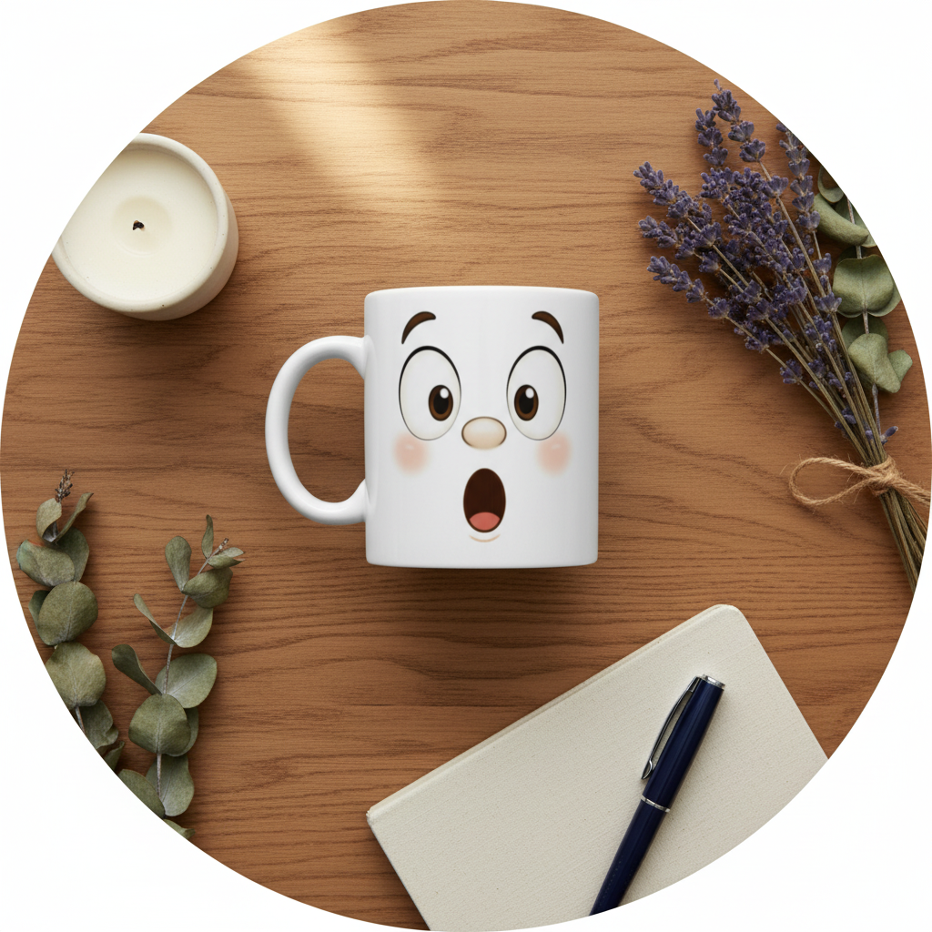 Mug en céramique blanche avec grand visage kawaii abeille, yeux marron et bouche