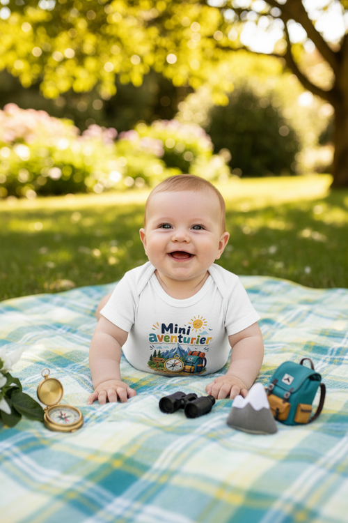 Bébé souriant en body blanc Mini aventurier sur couverture pique-nique dans un jardin ensoleillé