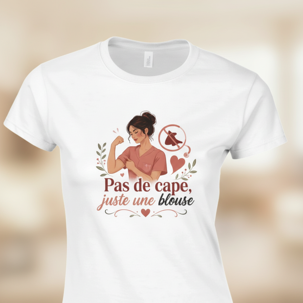 Zoom sur le design Pas de cape juste une blouse imprimé sur t-shirt blanc femme, tons rose et bordeaux
