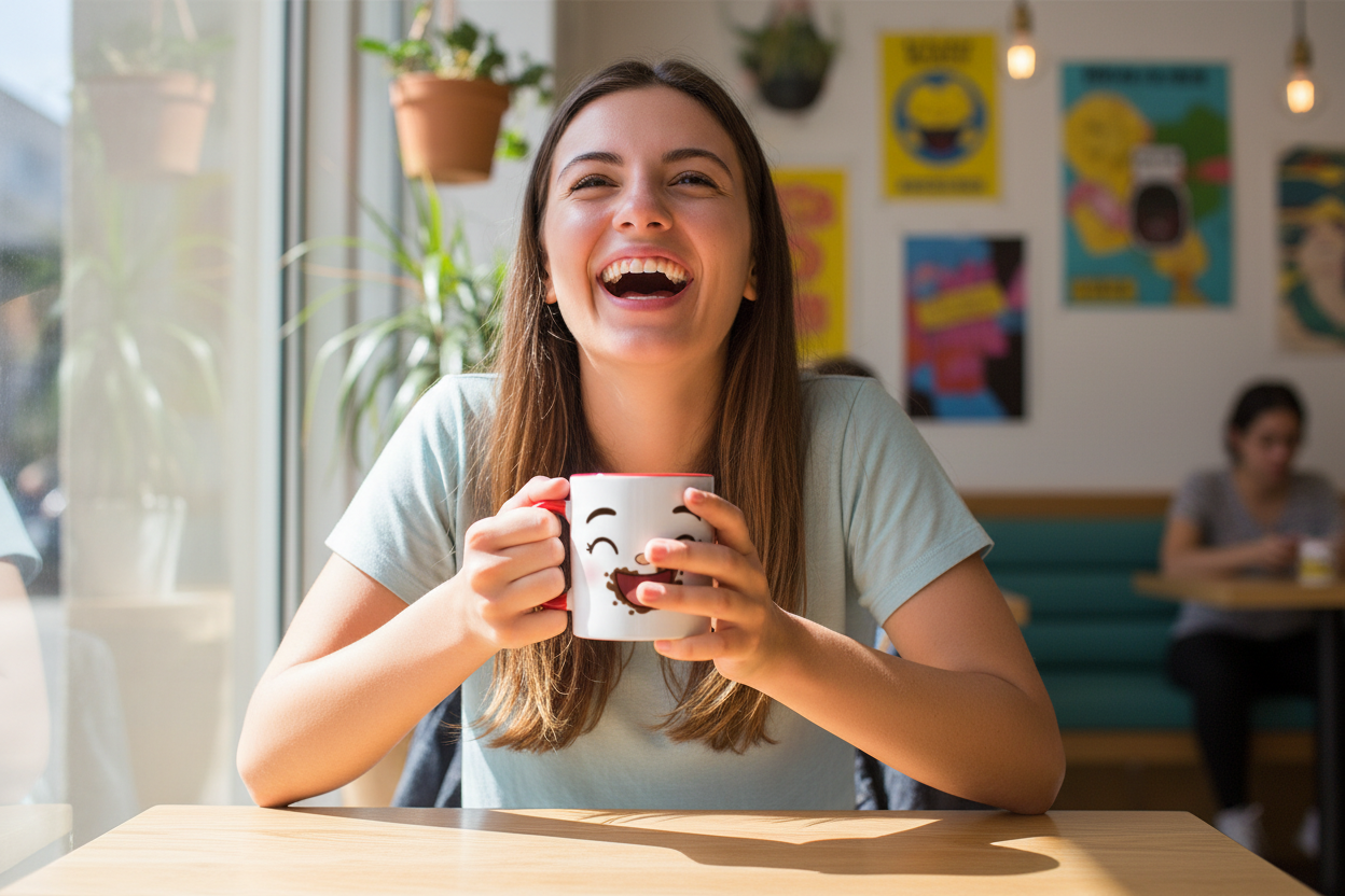 Mug en céramique blanche au visage kawaii, tenu par une personne en café.