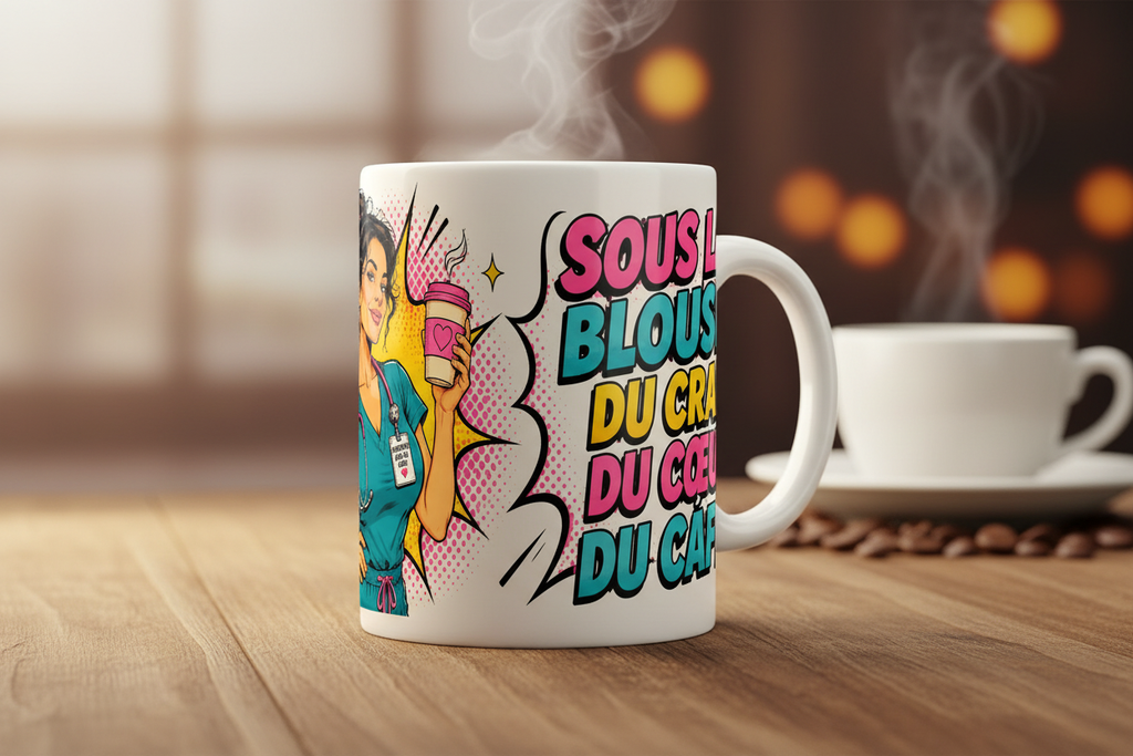 Mug blanc avec illustration d’infirmière et texte coloré, vapeur sortante