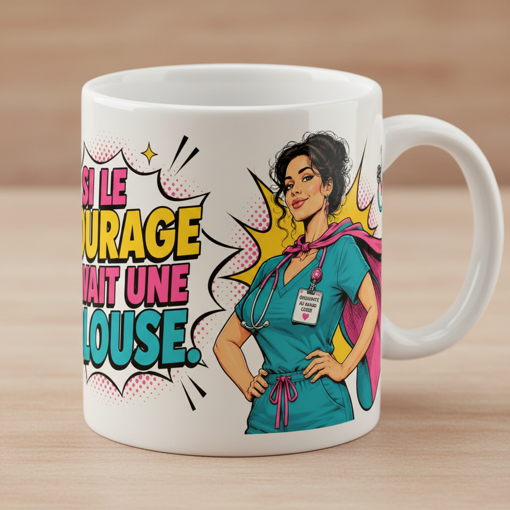 Mug blanc, vue de côté, motif d’infirmière et texte « Si le courage avait… »